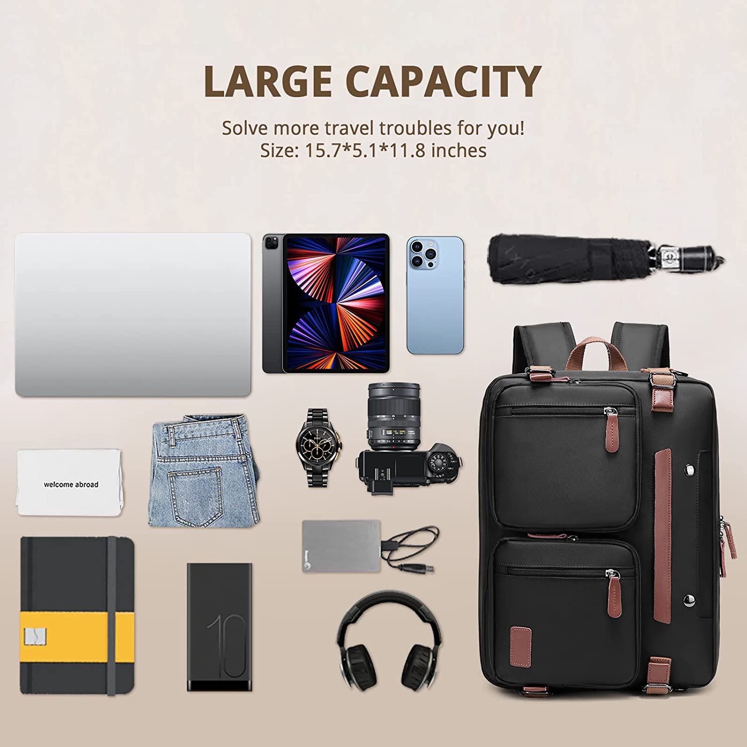 MOLNIA 3 in 1 Laptop Backpack, 17.3 inch Computer Bags for Men, Laptop Backpack for Men, for Travel Bussiness School Men Women, Black - Image 2